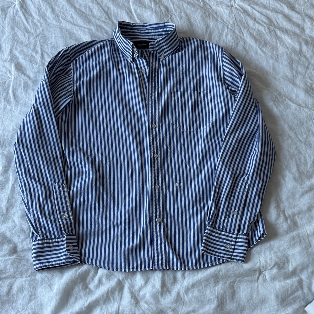 Realisation Par Blue and White Striped Button-Down Shirt
